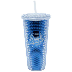 blue tumbler with studded outer finish, lid, straw, and Penn State